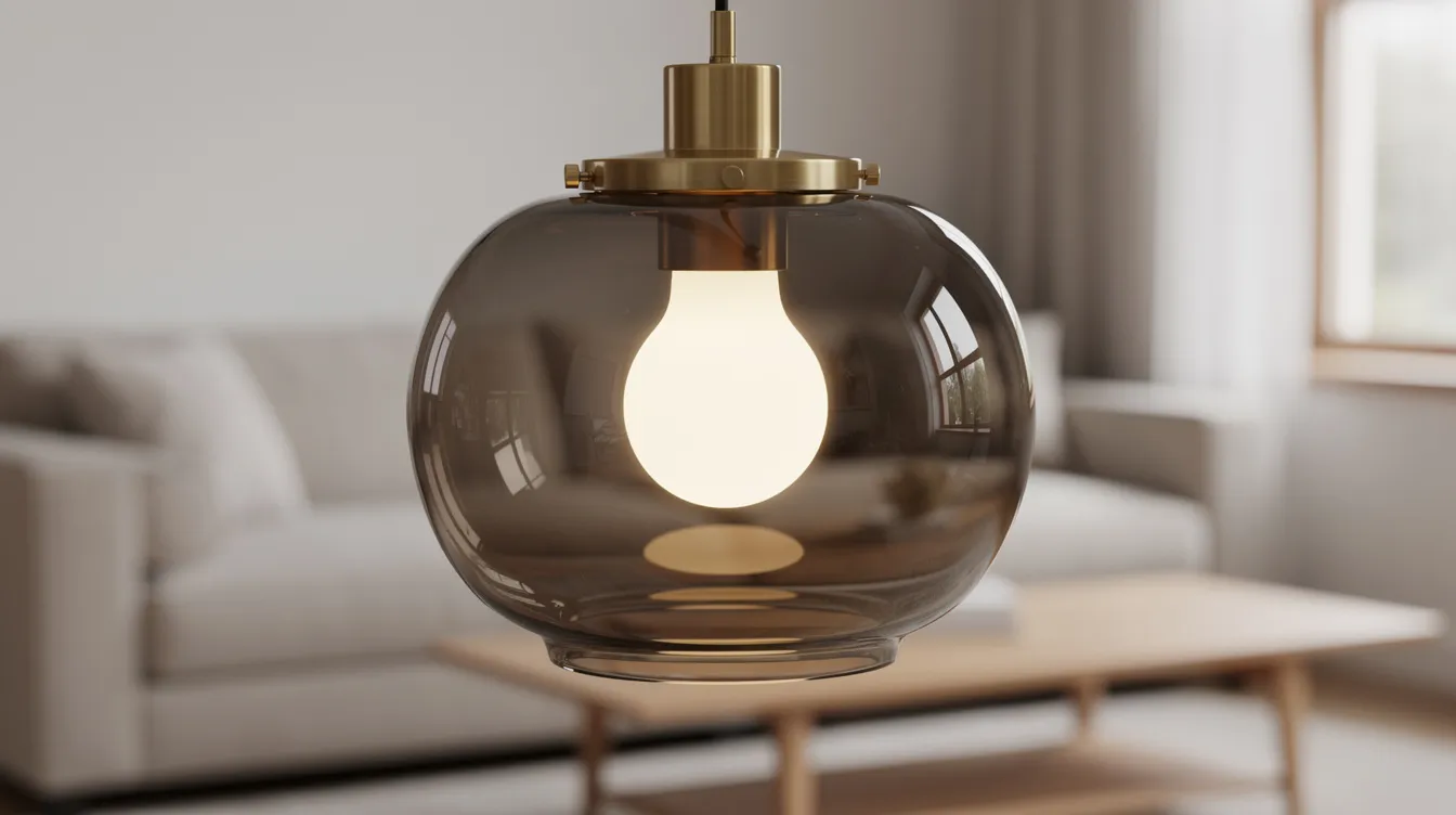 Een close-up van een elegante hanglamp in rookglas met messing details, die boven een zithoek in een hoge woonkamer hangt. De lamp heeft een dimbare uitvoering en zorgt voor sfeervol licht, waardoor de ruimte een warme en uitnodigende uitstraling krijgt.