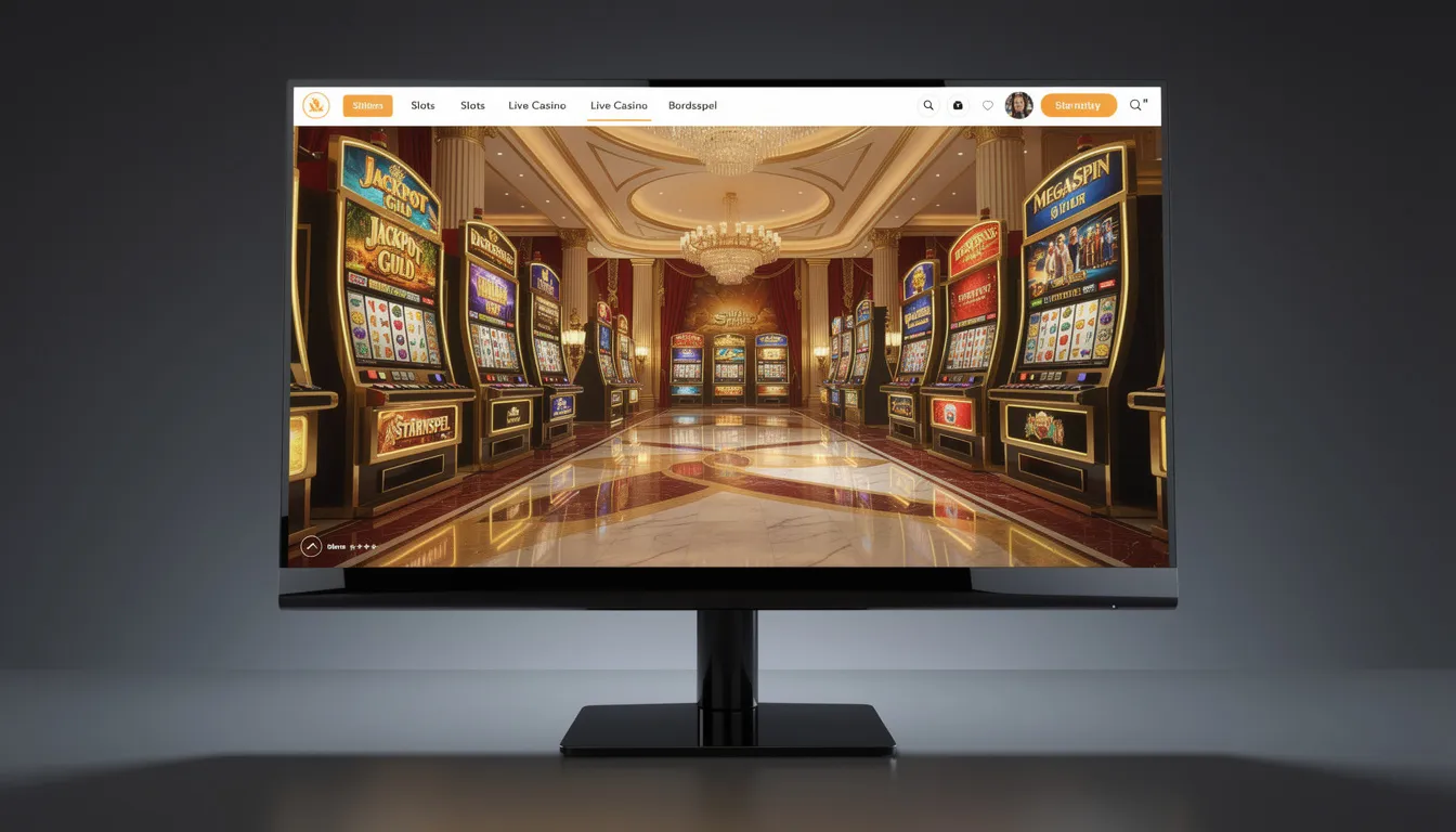 En modern datorskärm visar en livlig casinolobby med olika spelautomater och slots hos casinocasino. Skärmen har en attraktiv design som framhäver utbudet av spel, inklusive titlar från Pragmatic Play och Elk Studios, vilket skapar en inbjudande atmosfär för nya spelare.