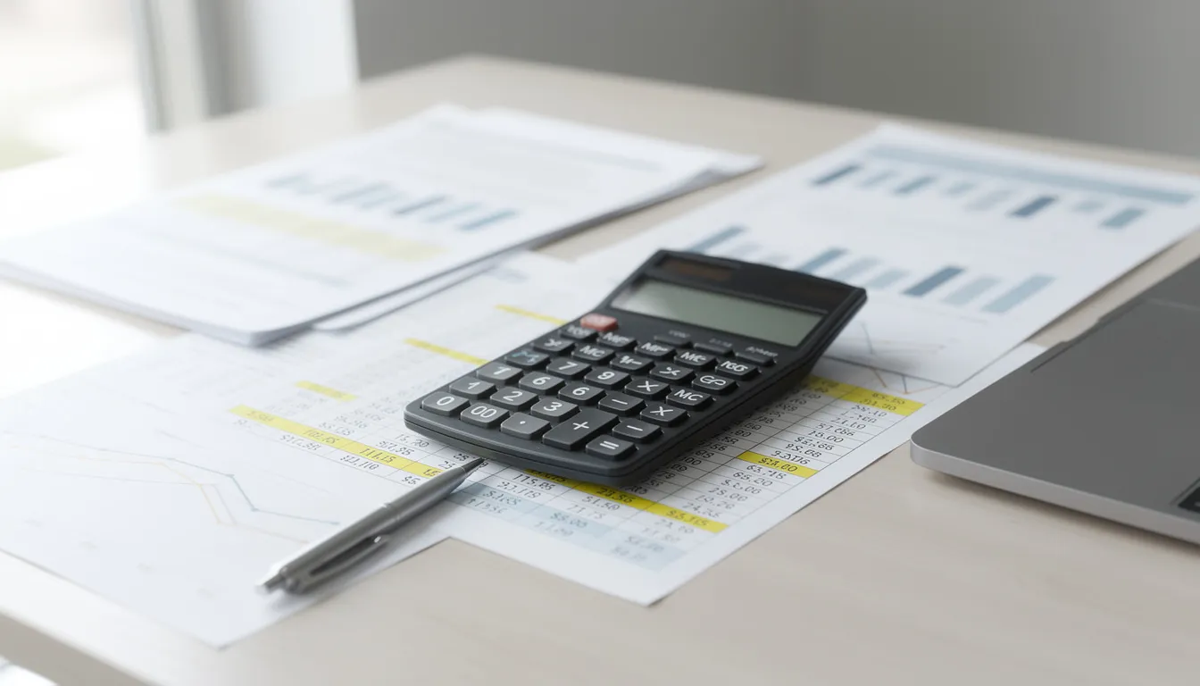 The image shows financial documents alongside a calculator on a desk, symbolizing the importance of financial planning for businesses, including key person disability insurance. This coverage provides financial protection against the potential loss of a key employee, ensuring business continuity and stability.