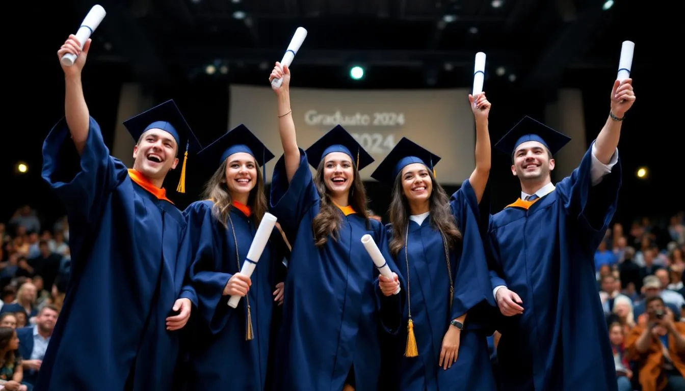 A group of architecture graduates joyfully celebrates at their graduation ceremony, proudly holding their rolled diplomas. Their expressions reflect a sense of achievement and the strong relationships formed during their professional development journey.