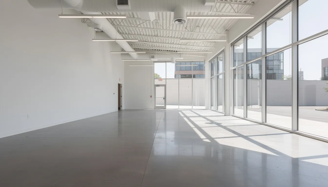 The image depicts a clean and empty commercial space illuminated by sunlight streaming through large windows, creating a bright atmosphere ideal for new tenants. This ready-to-use area showcases the potential for efficient business operations, free from unwanted items and clutter, and highlights the importance of reliable commercial cleanout services for property managers seeking to prepare their properties for immediate use.