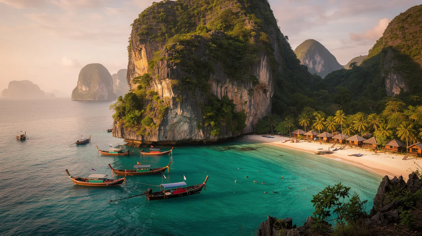 A imagem mostra a deslumbrante ilha Koh Phi Phi, na Tailândia, com suas praias de areia branca e águas cristalinas. Ao fundo, é possível ver os imponentes paredões de rocha que cercam a baía, criando um cenário paradisíaco que atrai turistas de todo o mundo.