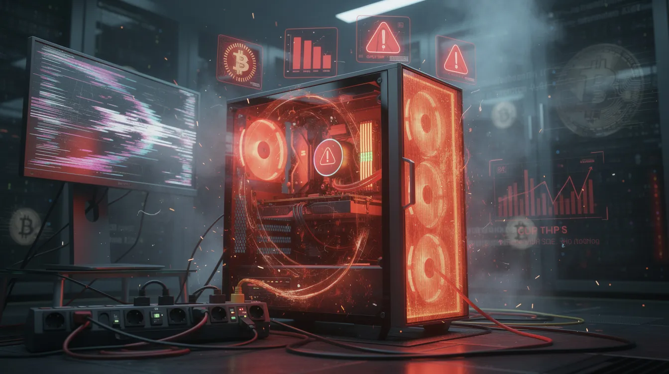 The illustration depicts a computer overheating and slowing down due to high CPU usage from cryptojacking malware, with visual cues indicating performance degradation and increased energy consumption in a cyber-themed setting. The image highlights the impact of cryptojacking attacks on computing resources and system performance.