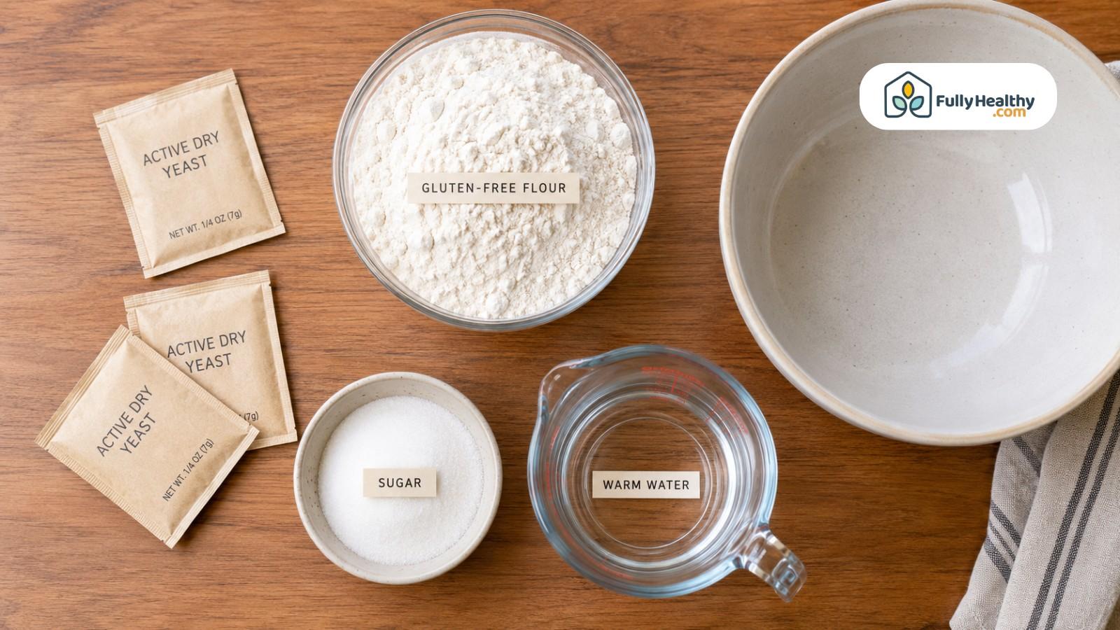 Active dry yeast packets with gluten-free flour, sugar, warm water, and mixing bowl