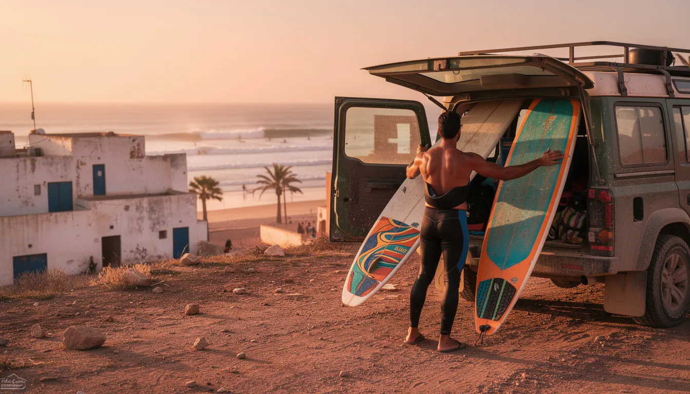 A surfer is loading surfboards into a vehicle with a picturesque Moroccan coastal town in the background, showcasing the vibrant local culture and the stunning coastline. This scene captures the essence of a surf trip in Morocco, where experienced surfers can enjoy world-class surf spots and perfect waves.