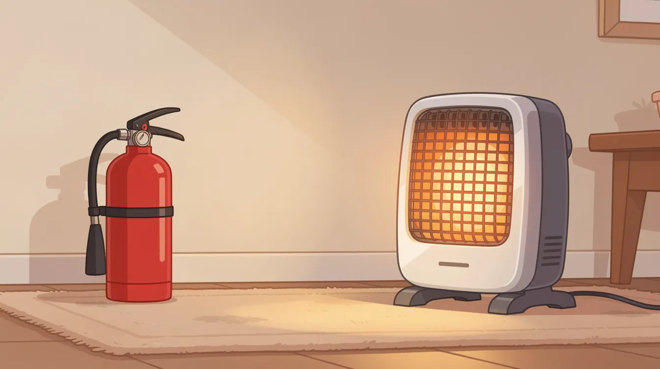 An image of a fire extinguisher placed near a space heater, highlighting emergency preparedness.