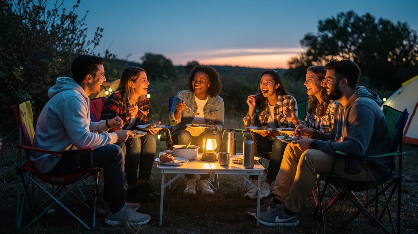 A group of friends is gathered around a table, sitting in camping chairs and enjoying dinner outdoors at dusk, surrounded by camping gear and the peaceful ambiance of nature. The scene captures the essence of a camping adventure, with food prep underway and laughter filling the air as they savor their meals together.