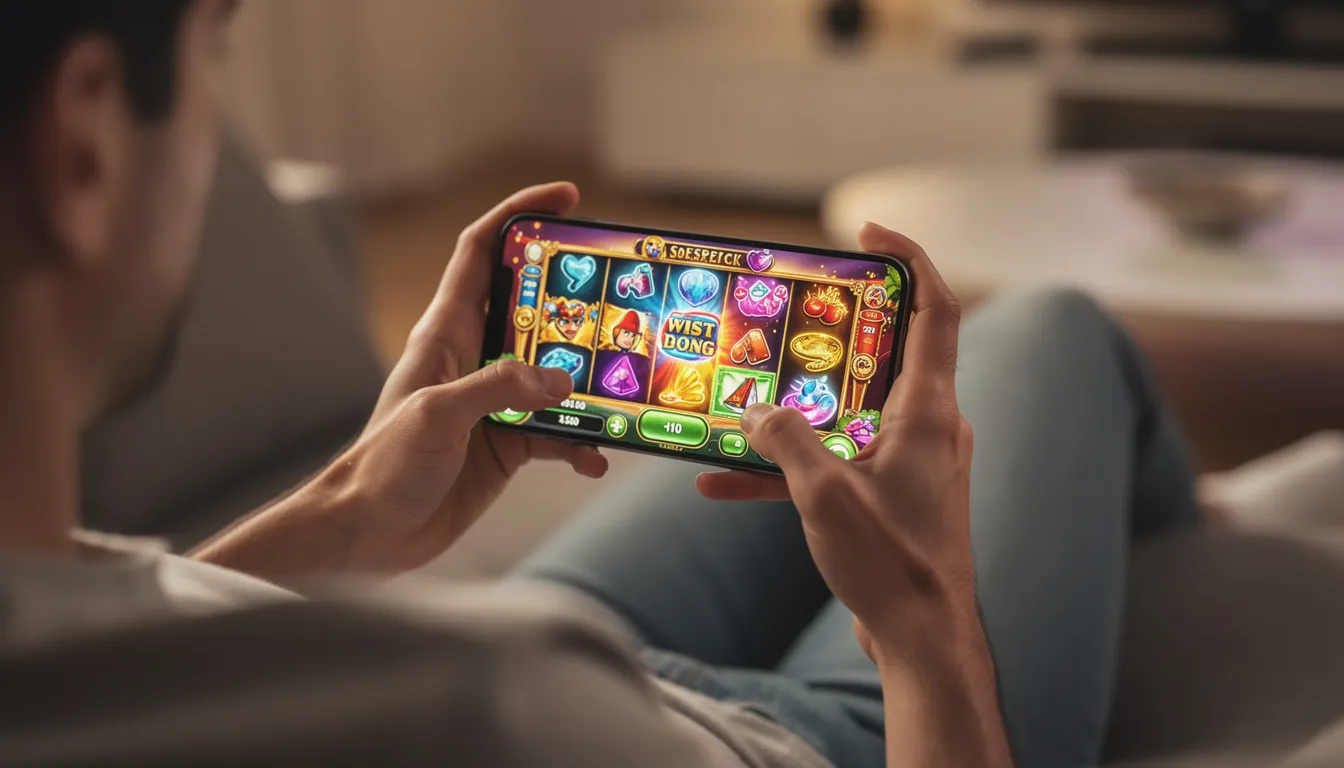 A person enjoying real-money online games on a smartphone in a relaxed setting.