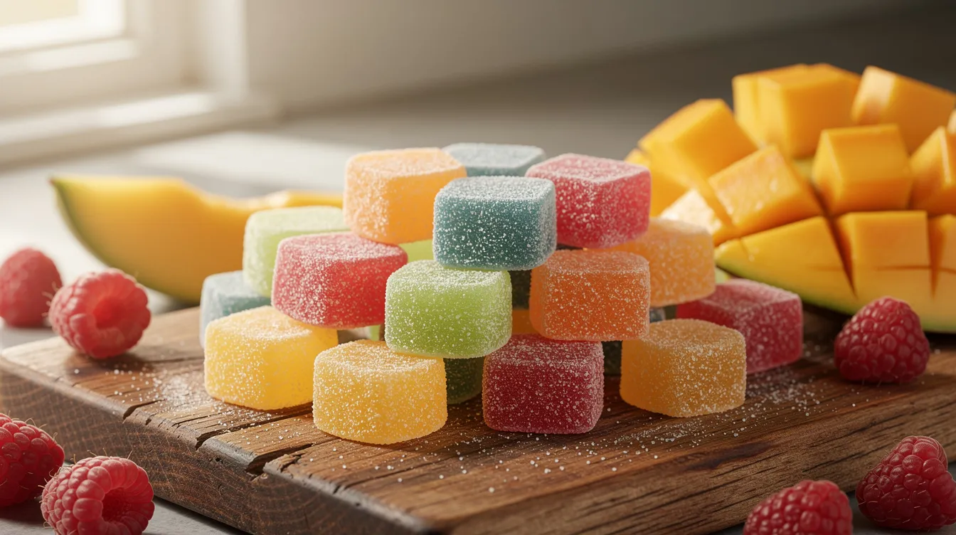 A vibrant assortment of colorful gummies is artfully arranged on a rustic wooden cutting board, accompanied by fresh raspberries and mango slices, showcasing a delightful edible experience. These gummies, which may include live rosin or THC-infused options, highlight the natural flavors and aromas of real fruit, making for a visually appealing and tasty treat.