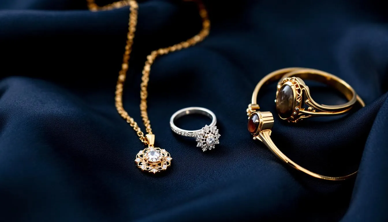 Na jedwabnej tkaninie ułożona jest elegancka biżuteria ze złota i srebra, która może być idealnym prezentem dla żony na święta. Jej estetyczny wygląd sprawia, że jest to doskonały wybór na oryginalny i trafiony prezent, który z pewnością wywoła uśmiech na twarzy ukochanej osoby.