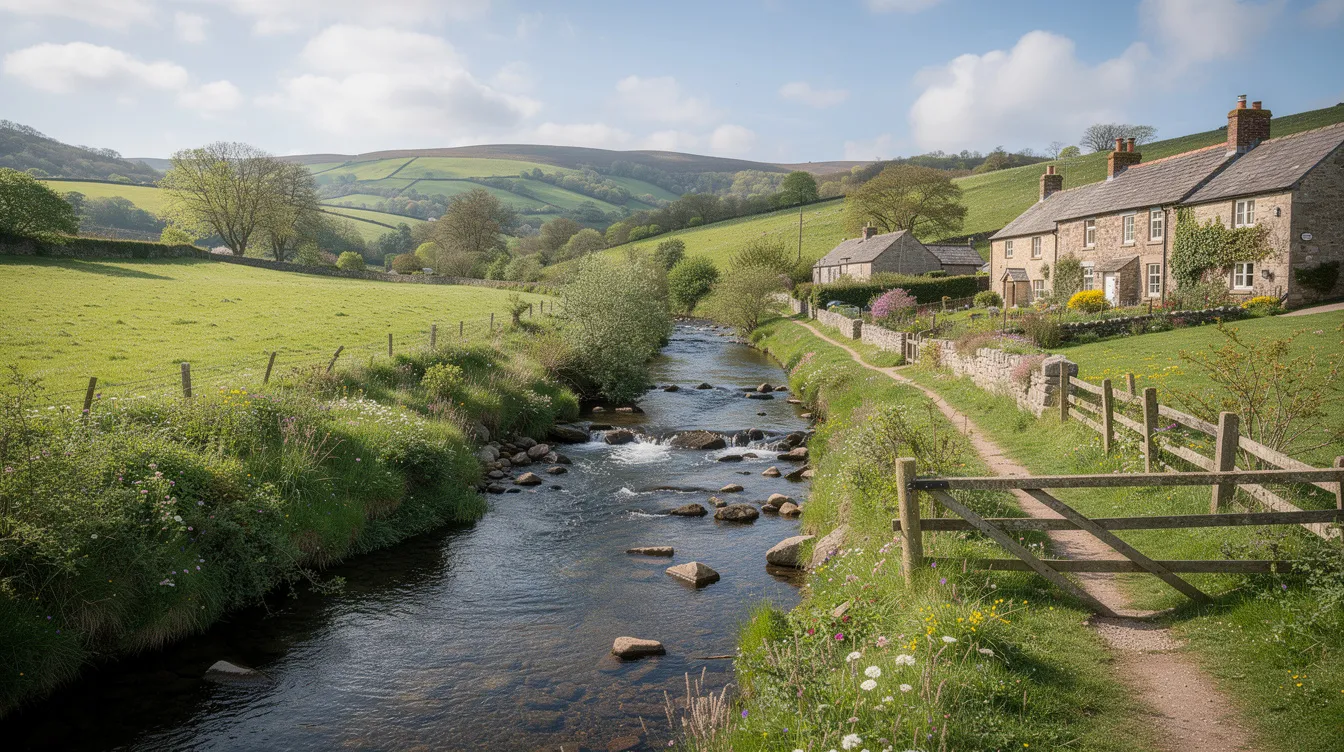 The image depicts a serene rural stream gently flowing through lush green countryside in the South West, with charming cottages nestled nearby. This idyllic scene highlights the importance of proper septic tank systems and compliance with septic tank regulations to prevent pollution and protect the environment in such picturesque rural settings.
