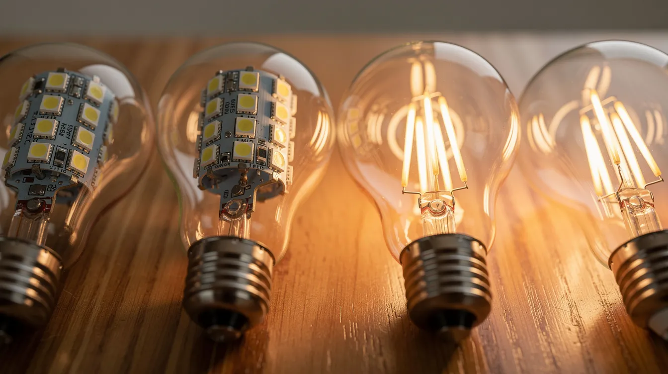 The image shows a close-up view of LED bulbs placed alongside traditional incandescent light bulbs on a wooden surface, highlighting the difference in energy efficiency. This comparison illustrates the potential savings in electricity costs when switching to energy-efficient lighting options.