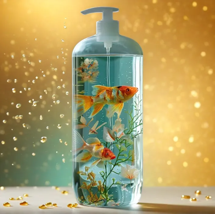 Soap bottle mockup with goldfish inside, placed in front of a shimmering golden bokeh background with water droplets, evoking a luxurious and festive aesthetic.
