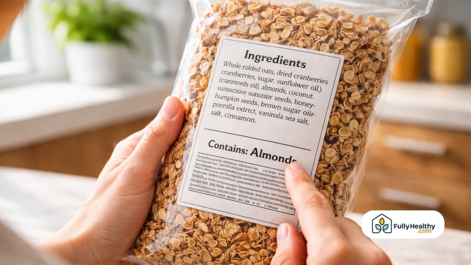 Person reading ingredient label showing contains almonds warning