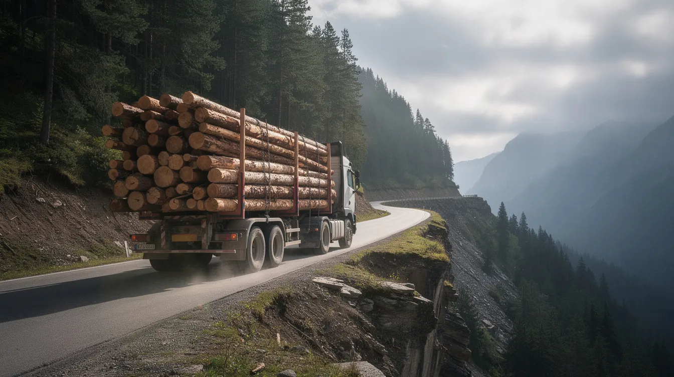 A logging truck, heavily loaded with timber, navigates a narrow mountain road flanked by dense pine forest, highlighting the challenges and risks faced by logging workers in one of America's most dangerous jobs. The scene underscores the importance of occupational safety in hazardous environments where transportation incidents can lead to serious workplace injuries.