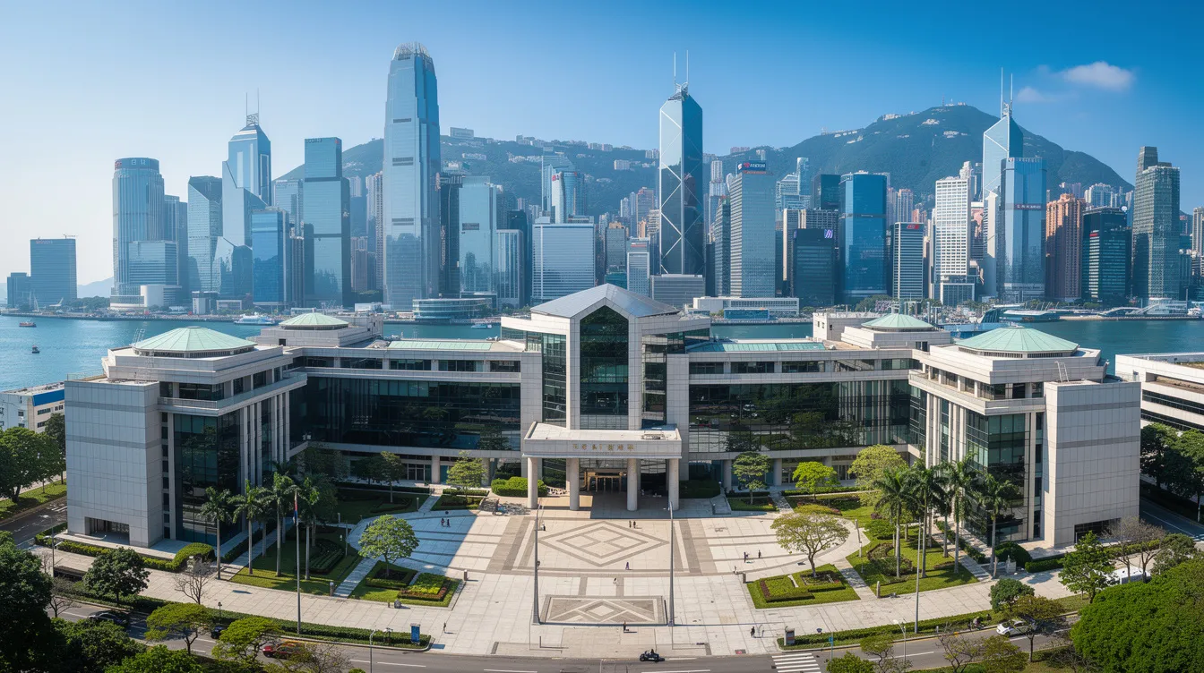A panoramic view showcases the Hong Kong government district buildings, characterized by modern architectural designs, with towering skyscrapers in the background under a clear blue sky. This vibrant scene reflects the essence of the 香港 特別 行政區, highlighting the importance of 公務員 職位 in the region's administration.
