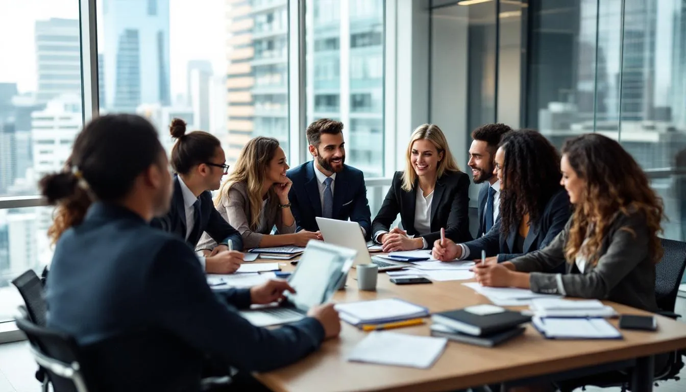 A diverse group of legal professionals is engaged in a discussion about various law firm marketing strategies, focusing on how to effectively attract prospective clients and enhance the law firm's brand. They are sharing valuable insights on digital marketing efforts, including social media marketing and content marketing, to achieve their law firm's marketing goals.