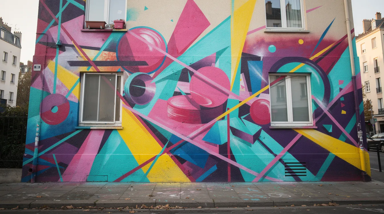 Die bunte Street-Art-Wandmalerei zeigt kräftige Farben und geometrische Formen, die an einer urbanen Hauswand angeordnet sind. Diese lebendige Darstellung spiegelt die Einflüsse der Pop-Art-Bewegung wider und erinnert an die Werke von Künstlern wie Andy Warhol und Roy Lichtenstein, die Alltagskultur und Konsumwelt thematisieren.