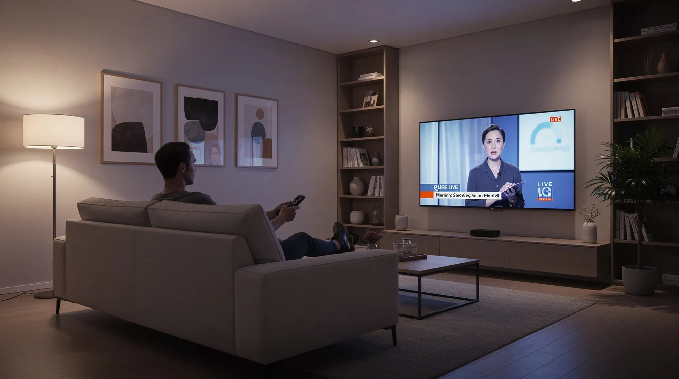 A person is comfortably lounging on a modern sofa, watching live television on a large flat screen in a stylish living room. The scene highlights the convenience of IPTV service, showcasing high-quality streaming and a wide selection of channels, perfect for enjoying live sports and movies.