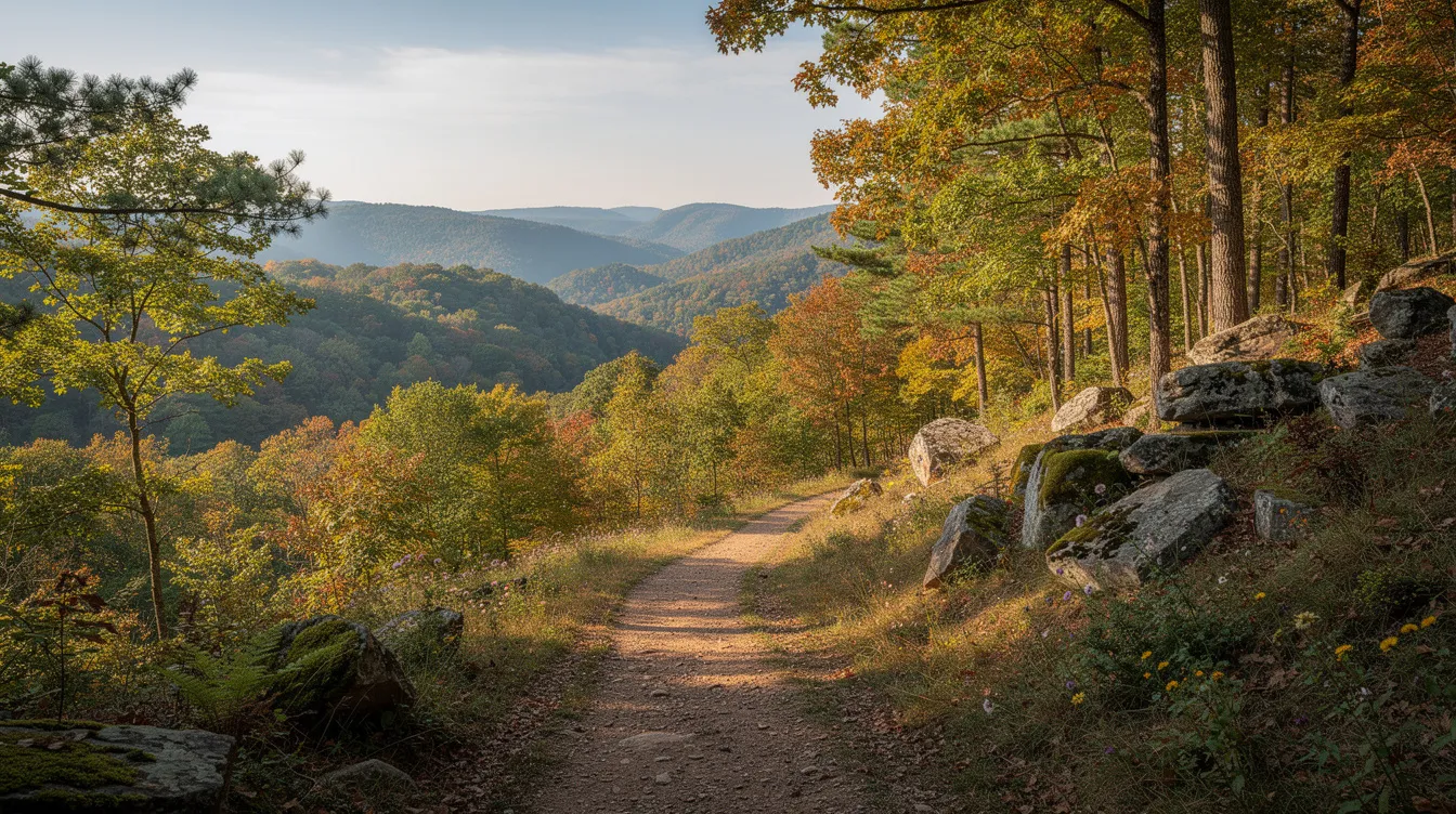 The image captures a breathtaking landscape of the Ozark trail in Arkansas, featuring rolling hills, lush greenery, and a clear blue sky, inviting viewers to explore nature's beauty. This serene environment could inspire individuals to consider their financial journey, including retirement planning and investment strategies for a confident future.