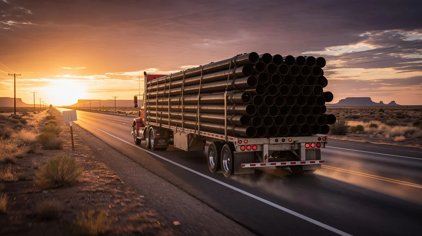 A flatbed truck loaded with industrial pipes travels along a West Texas highway at sunset, casting a warm glow over the scene. This commercial truck represents the trucking industry that often faces challenges such as truck accidents, which can lead to serious injuries for truck accident victims and require the expertise of a Midland truck accident lawyer for personal injury claims.
