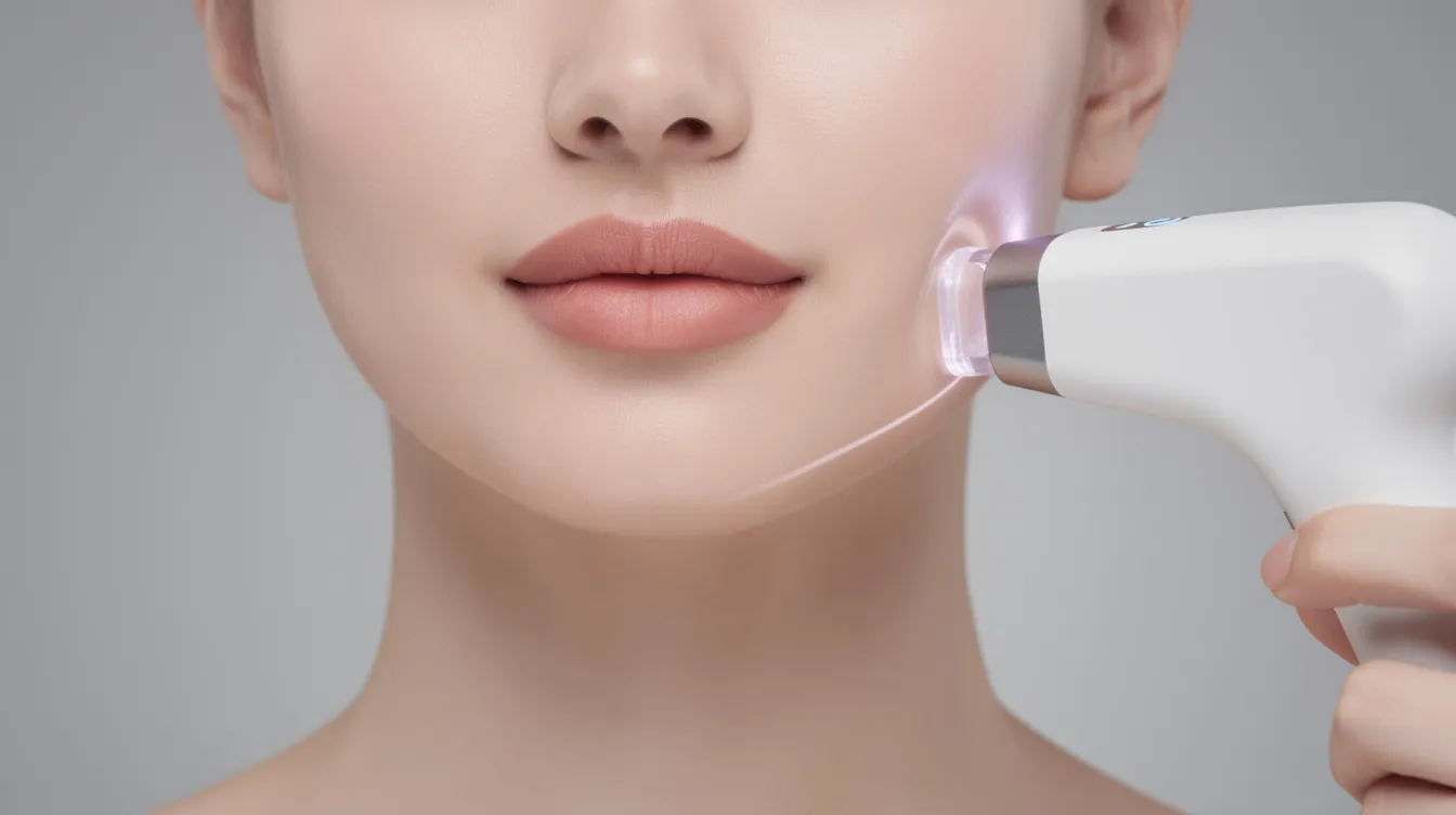 An aesthetic device is positioned near the lower face and jawline, targeting areas associated with double chin fat and skin laxity. This non-invasive treatment aims to tighten the skin and reduce excess fat, enhancing the overall facial structure without the need for surgical procedures.