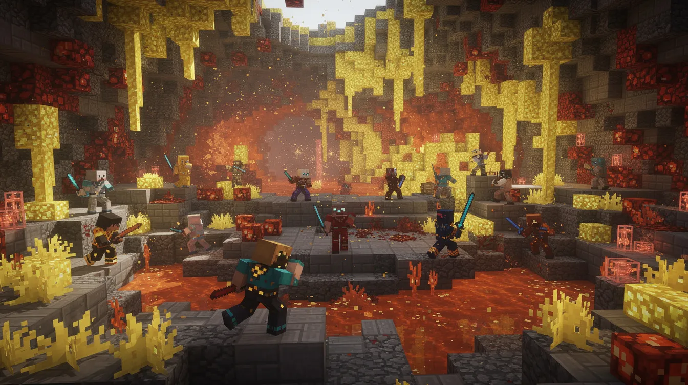 The image showcases Minecraft players immersed in a colorful underground arena, surrounded by vibrant sulfur and cinnabar blocks on the walls, creating a lively atmosphere in the sulfur caves biome. This setting enhances the chaos cubed experience, inviting players to explore the intriguing features of the sulfur caves, including glowing sulfur spikes and potent sulfur formations.
