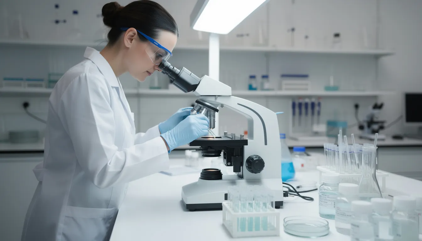 The image depicts a researcher in a laboratory, intently examining samples under advanced scientific equipment. This setting highlights the importance of studying cognitive function and potential treatments for conditions like Alzheimer&rsquo;s disease, as researchers seek to understand the molecular mechanisms behind cognitive decline and improve mitochondrial function.