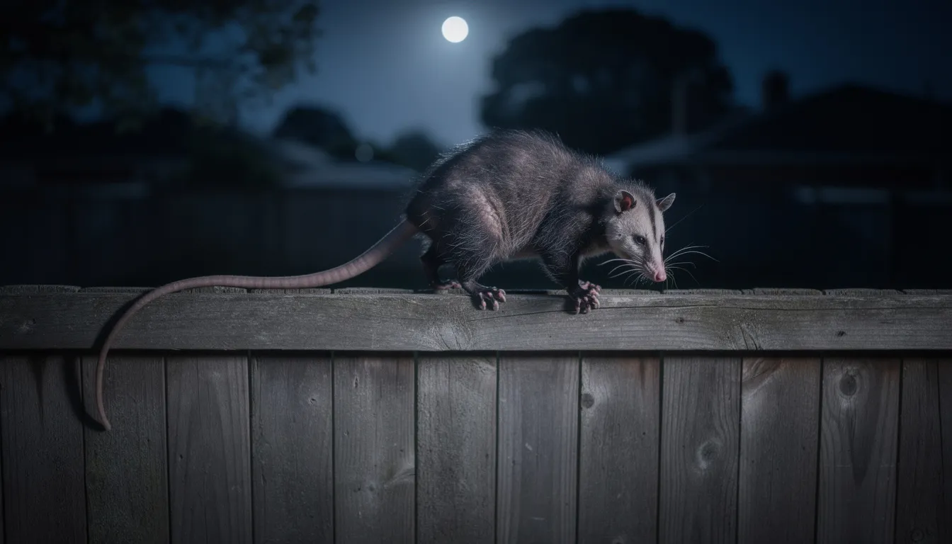 A nocturnal opossum, specifically a Virginia opossum, is walking along a wooden fence at night, showcasing its hairless, prehensile tail. The scene captures this solitary animal as it explores its urban environment, typical of its behavior in North America.