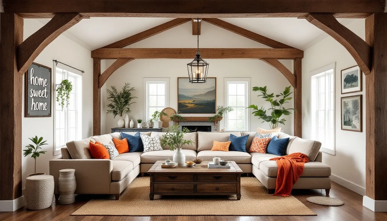 A charming farmhouse interior decor style with rustic elements.