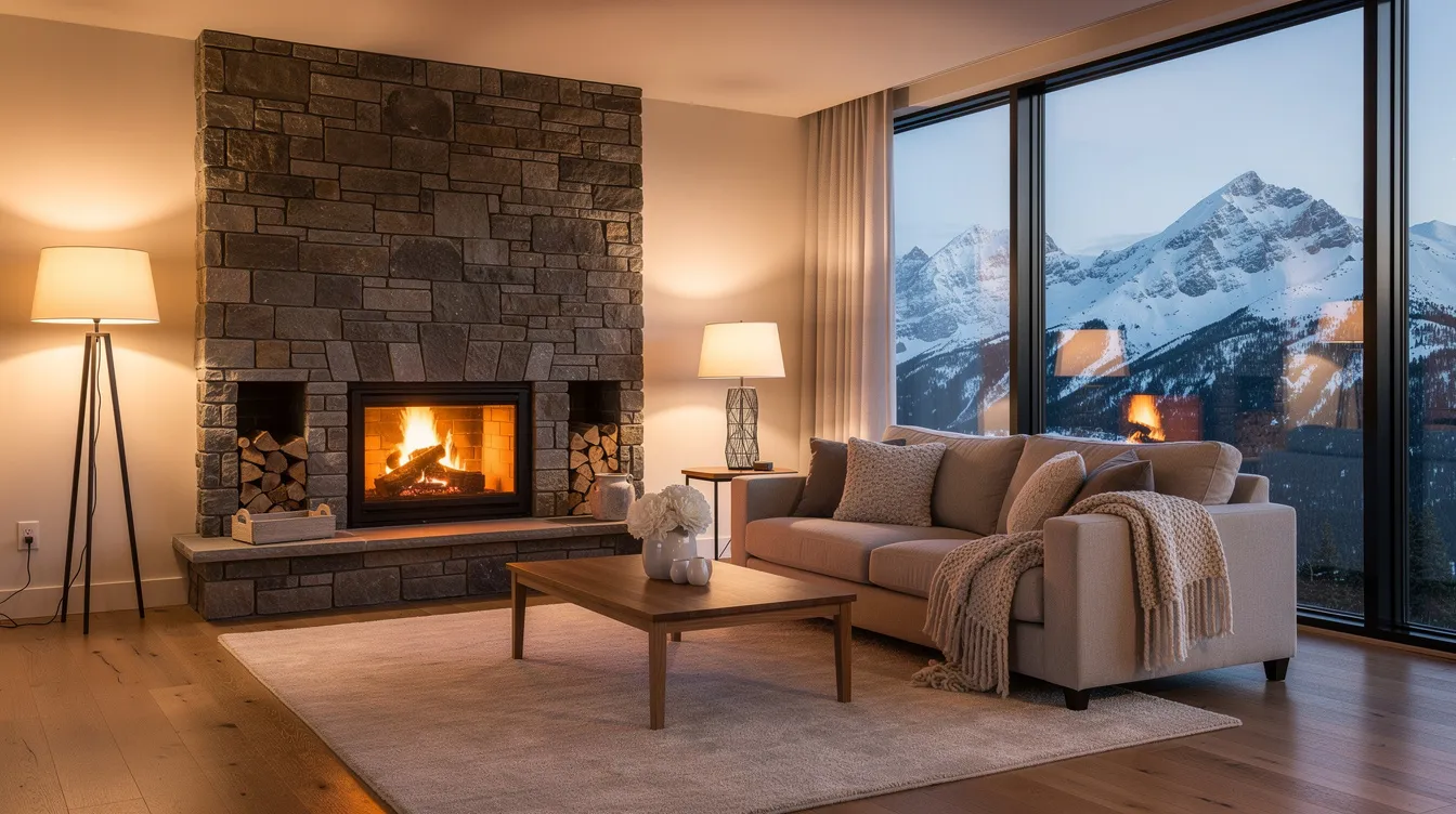 The image depicts a cozy, well-staged living room featuring neutral furniture, warm lighting, and a lit fireplace, creating an inviting atmosphere. Large windows offer a breathtaking view of snowy mountains, enhancing the charm of this staged home, perfect for attracting potential buyers.