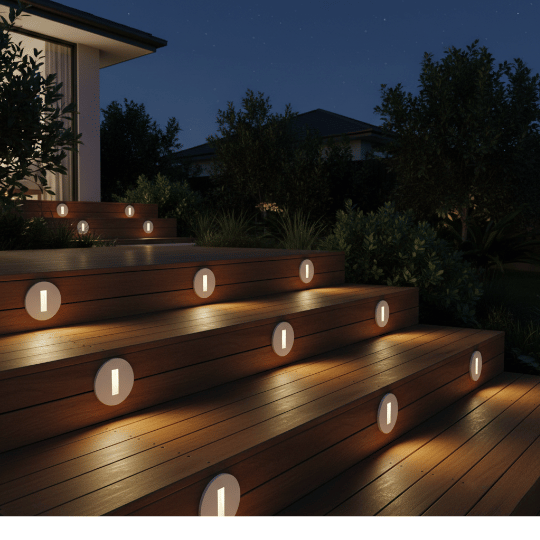 Low level recessed step light fixtures built into timber deck stairs.