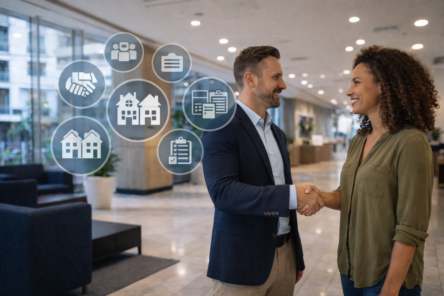Handshake between landlord and tenant with icons symbolizing market trends, proactive communication, renewal incentives, renewal options, and long term occupancy.