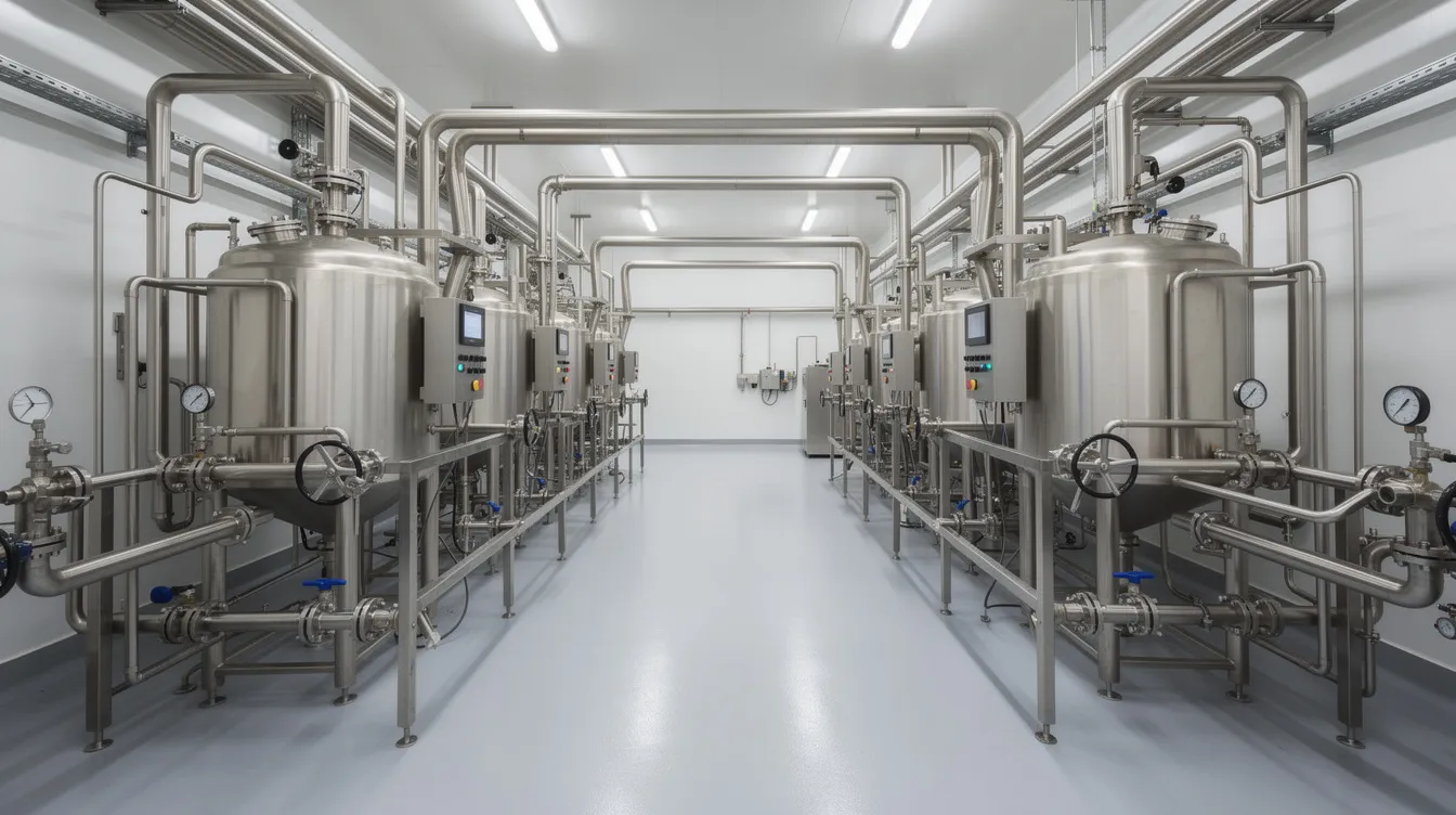 The image depicts industrial stainless steel dairy processing equipment, featuring an intricate network of pipes and valves, all situated within a clean factory setting designed for aseptic filling and packaging of UHT milk. This sterile environment ensures the production of dairy products with extended shelf life, free from contamination, suitable for commercial distribution.