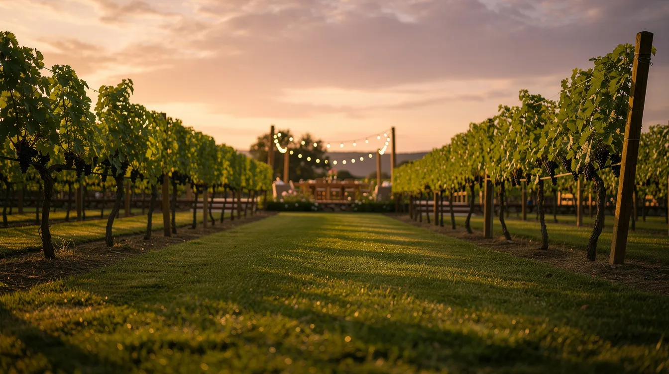 The image captures vineyard rows bathed in a warm golden sunset, with a spacious open lawn and twinkling string lights in the background, creating a charming atmosphere perfect for wine tasting near Sacramento. Guests can unwind and savor good wine while enjoying the scenic beauty of this historic region, often featuring local food trucks and live music events.