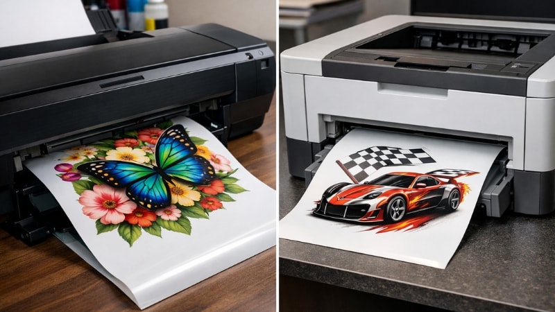 Side-by-side comparison of ink-jet and laser printing on vinyl sheet