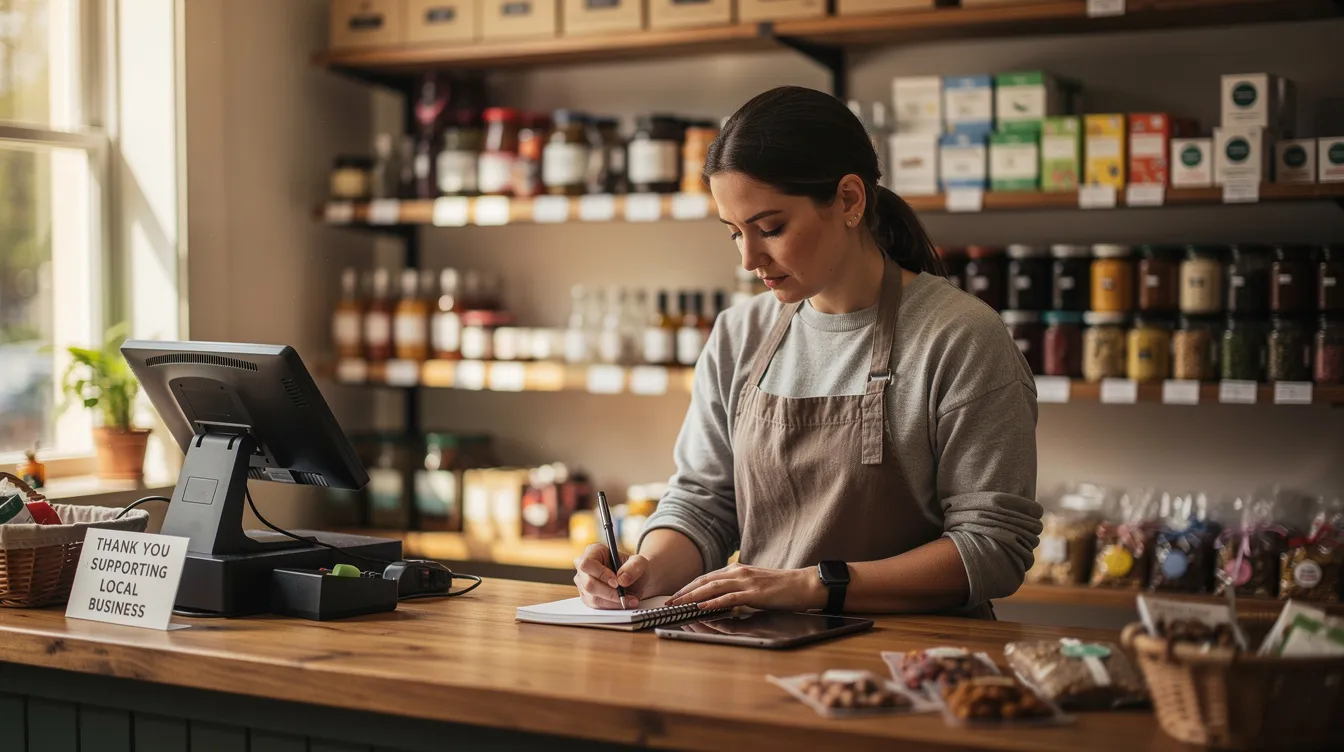 The image depicts a small business owner standing at a shop counter, surrounded by various products neatly arranged on shelves. This scene reflects the entrepreneurial spirit often supported by financial institutions through initiatives like the Pradhan Mantri Mudra Yojana, which provides financial assistance to micro enterprises and individual borrowers.