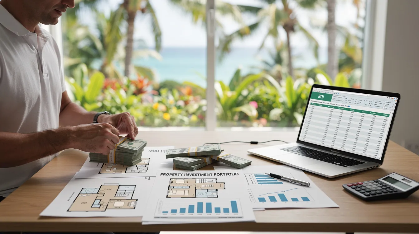 A person is counting cash and reviewing property investment documents, while a stunning tropical landscape is visible through the window. This scene highlights the focus on rental income and cash flow generated from investment properties, relevant for real estate investors considering options like Hawaii DSCR loans.