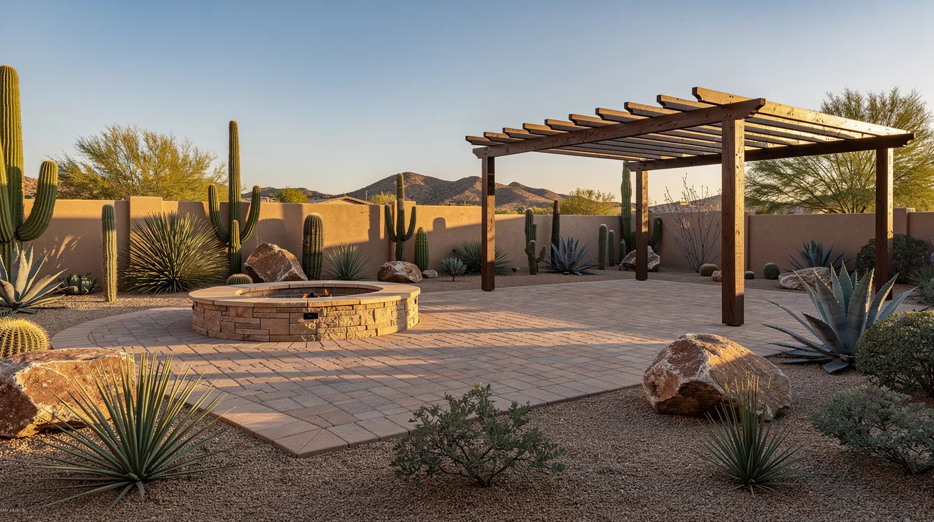 The image depicts a completed backyard in a desert setting, featuring a paver patio with hardscape elements like a pergola for shade and a fire pit, surrounded by desert landscaping that includes cacti and boulders, enhancing the outdoor living space's aesthetic appeal. This design showcases a harmonious blend of natural beauty and functional hardscaping features, creating a visually interesting outdoor area.