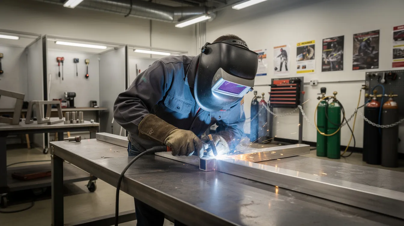 A skilled tradesperson is focused on precision welding in a training shop environment, showcasing their expertise and hands-on experience in the construction industry. This apprenticeship program highlights the importance of education and training for qualified workers seeking careers in construction jobs across greater Tennessee.