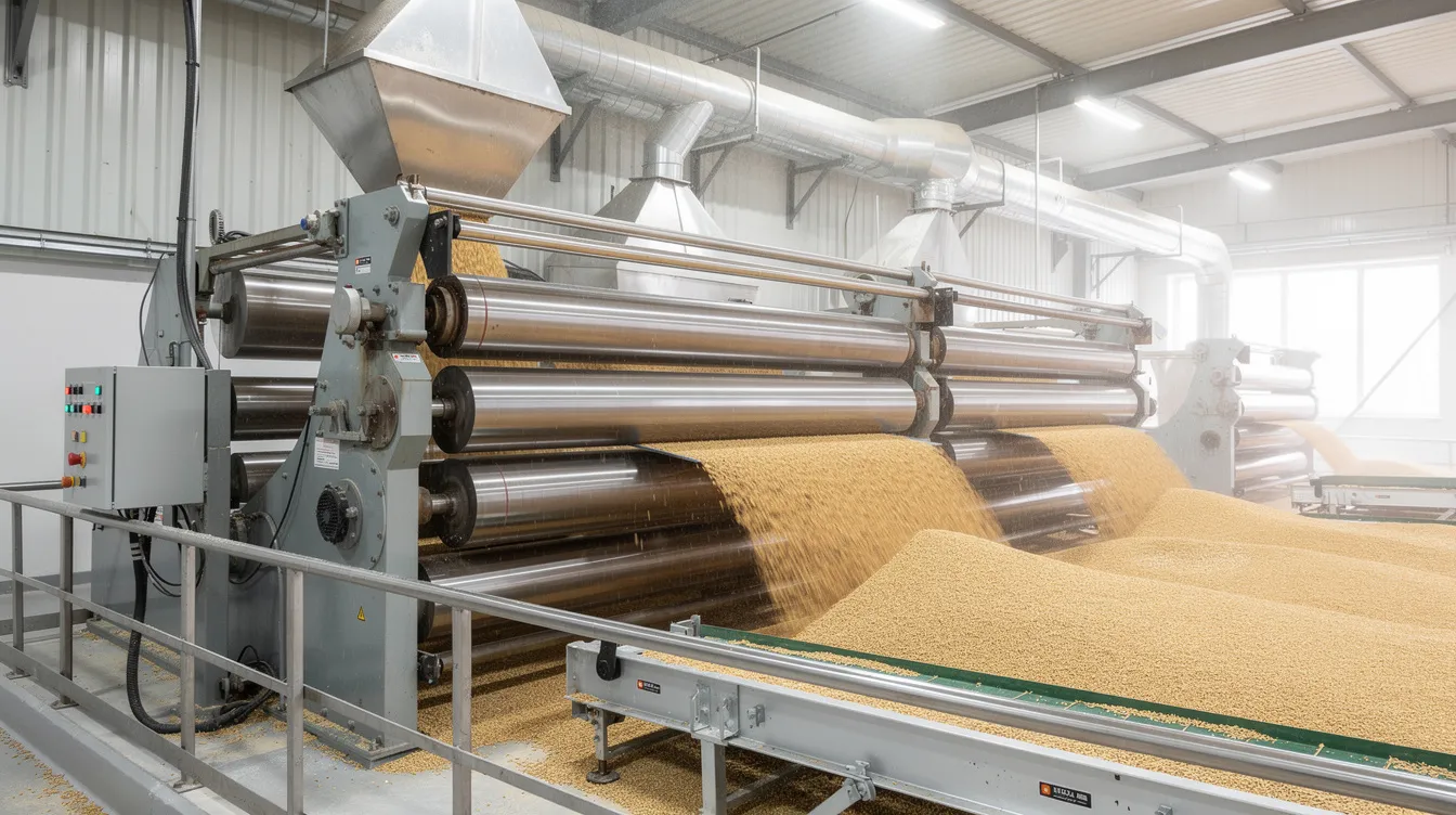 581bf67e 8398 410d ba3d 241346964b4f The image depicts industrial wheat processing machinery, showcasing steel rollers inside a flour mill. This equipment is essential in the roller flour milling sector, facilitating the transformation of wheat into flour products for various food applications.