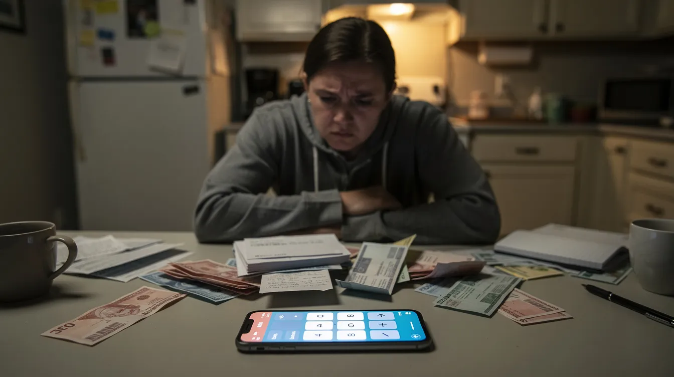A person is sitting at a kitchen table, surrounded by bills and looking at a smartphone with a calculator app open, indicating a moment of financial contemplation. This scene reflects the urgency of managing expenses and possibly considering options like 小額 貸款 or 急 借錢 for immediate financial needs.
