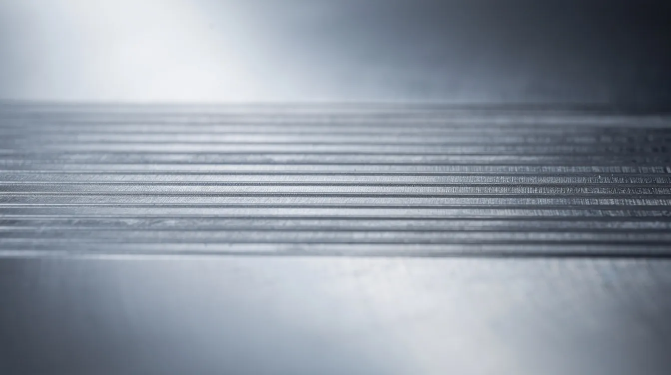 The image features a close-up view of a smooth machined aluminum surface, showcasing fine parallel tool marks left by CNC milling. This surface finish highlights the precision of the machining process, reflecting a high-quality surface with minimal roughness and optimized cutting parameters.