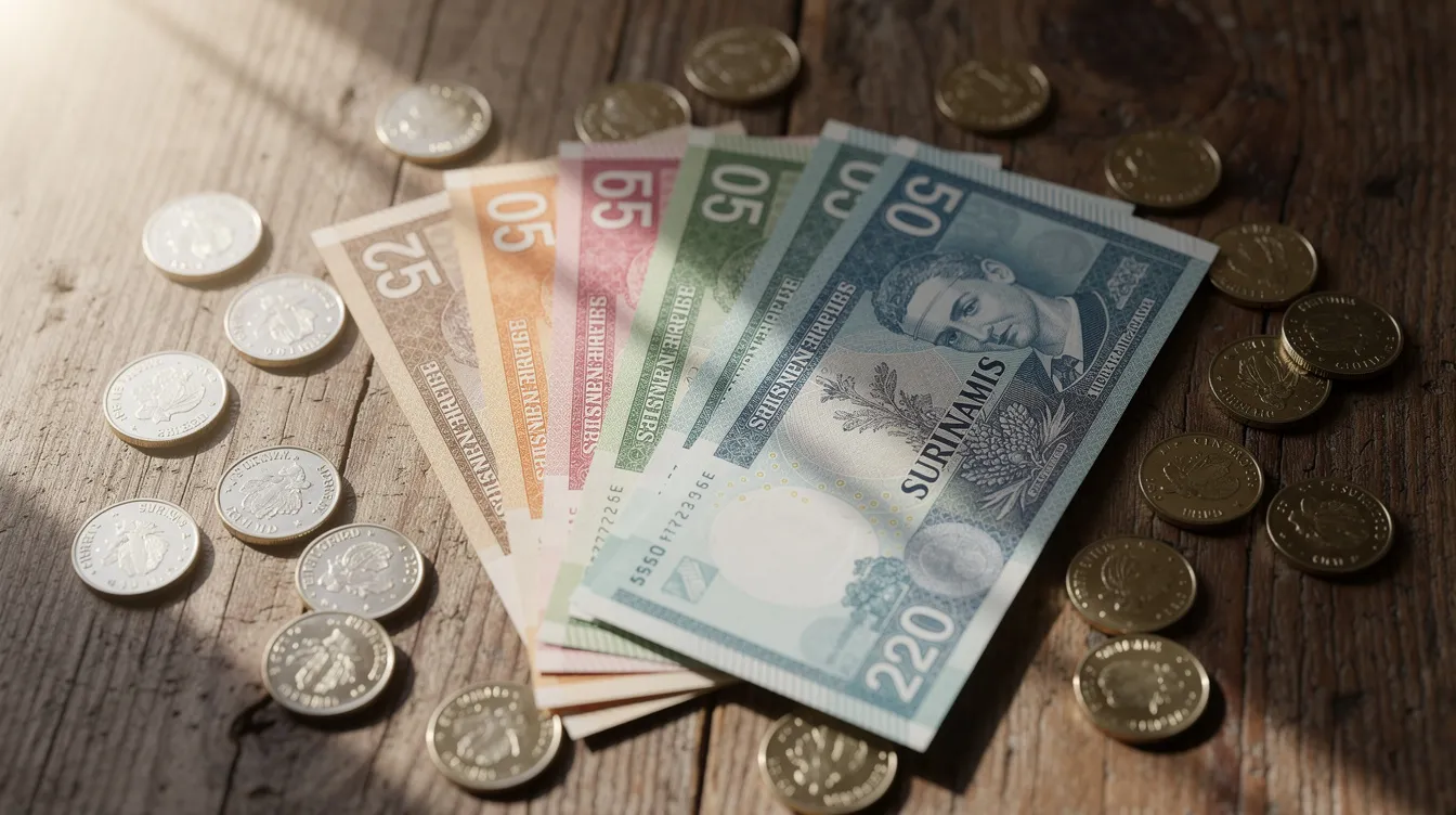 The image features a collection of Surinamese dollar banknotes and coins meticulously arranged on a wooden table, showcasing the vibrant colors and designs of the currency. This visual representation highlights the importance of understanding the banking landscape in Suriname, including services offered by institutions like De Surinaamsche Bank and the Centrale Bank van Suriname.