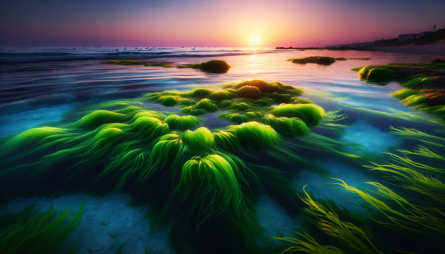 A serene ocean view with seaweed