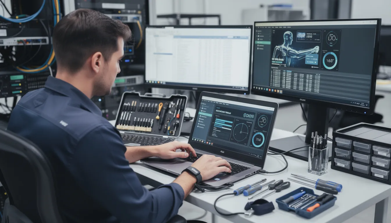 A technician is diagnosing a laptop computer at a professional workstation, surrounded by tools and equipment for computer repair services. The technician is focused on troubleshooting the device to address any performance issues and ensure efficient operation for customers.