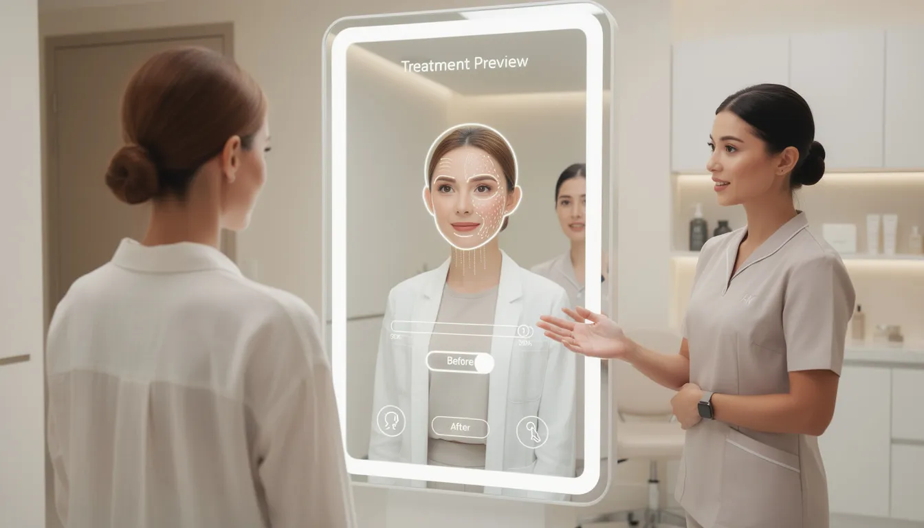 Una cliente está utilizando un espejo de realidad aumentada en un salón de belleza para visualizar los resultados de un tratamiento estético antes de realizarlo. La tecnología de inteligencia artificial permite ver cómo quedará su piel tras el procedimiento, mejorando la experiencia del usuario.
