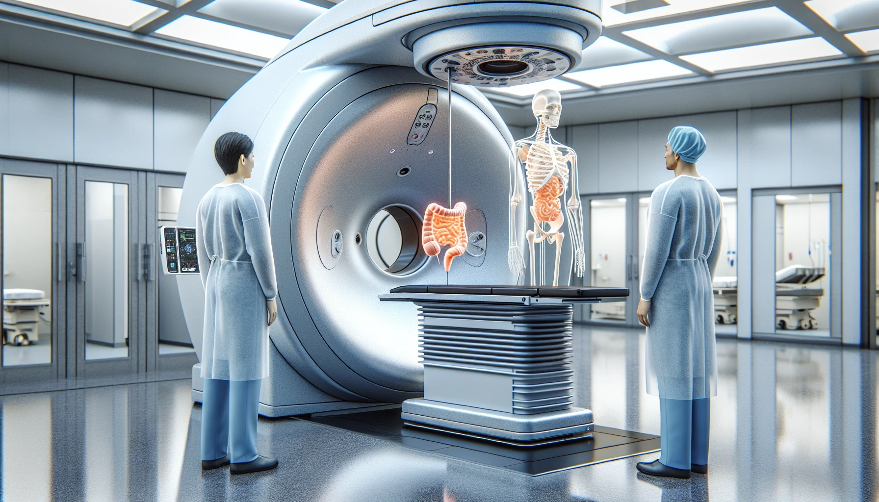 A radiation therapy machine in a hospital setting