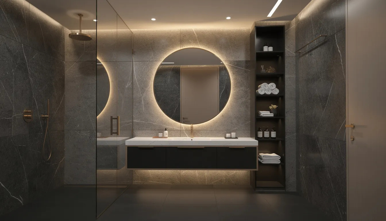 Een luxe hotel-stijl badkamer met donkere marmerlook wandpanelen, messing kranen en een ronde spiegel met verlichting, die een moderne uitstraling geeft. De badkamer is uitgerust met hoogwaardige kunststof wandpanelen, die perfect zijn voor vochtige ruimtes en eenvoudig te onderhouden zijn.