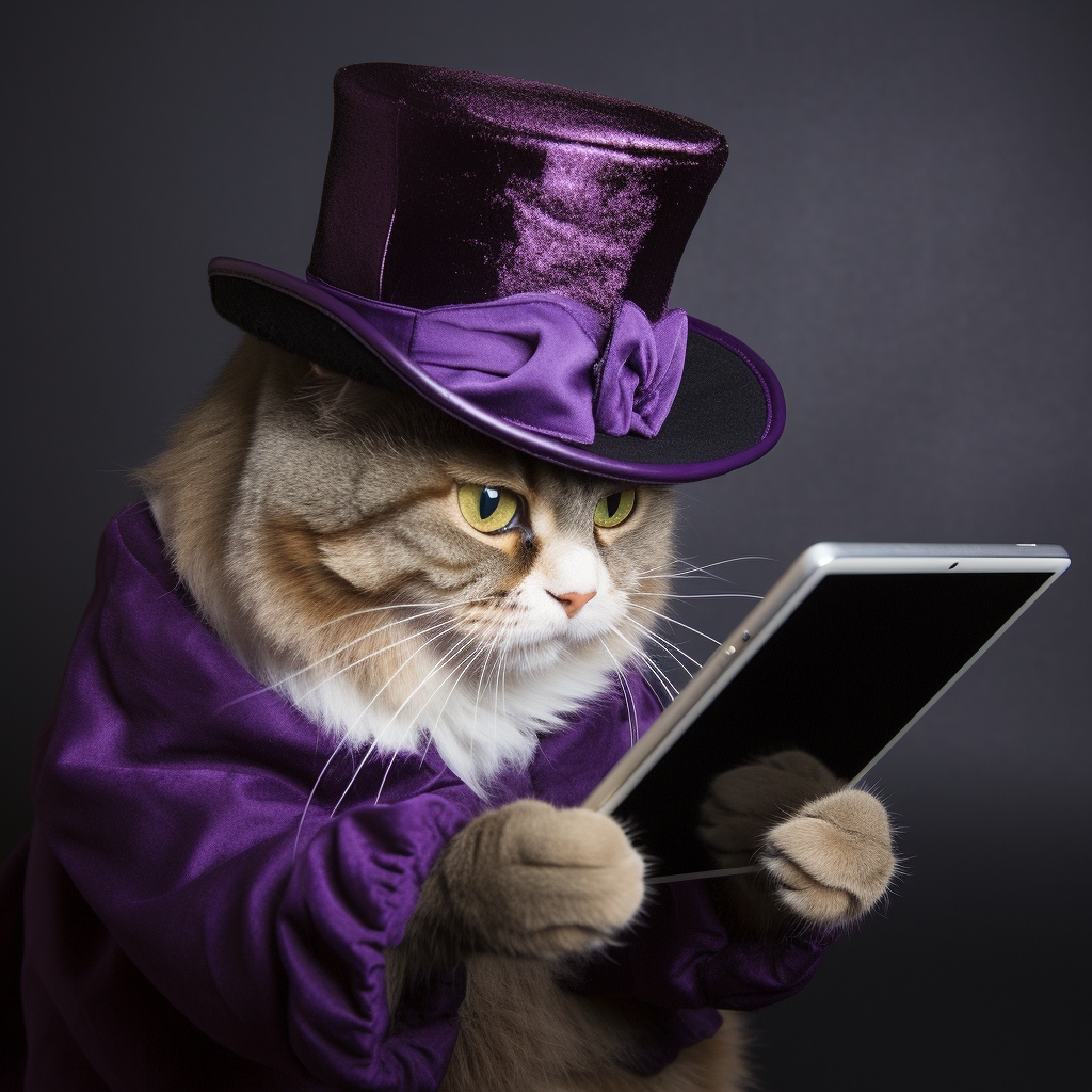 KI-generiertes Bild von einer Katze in lila Umhang und Zylinder, die etwas auf einem iPad liest
